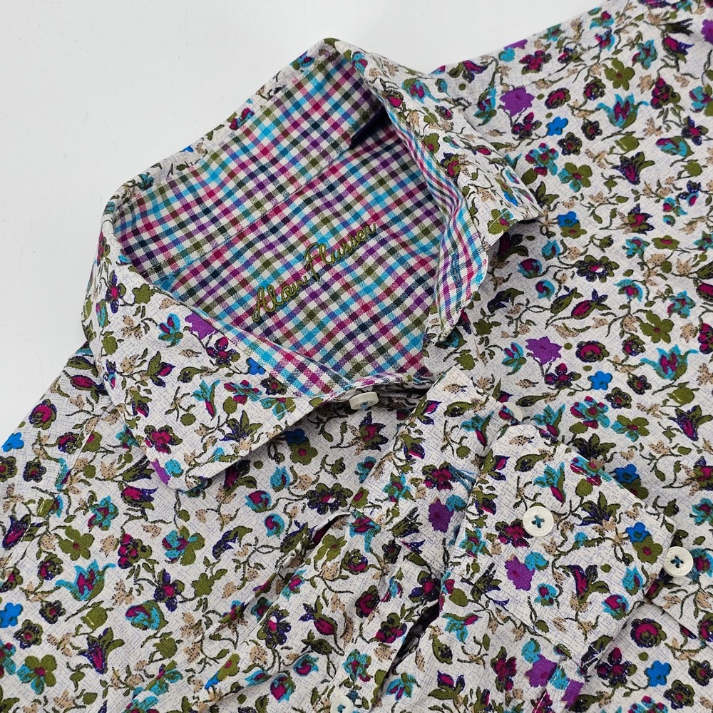 Alan Flusser Button Down Shirt Mens Large White Floral Print Long Sleeve Cotton